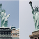 The original Statue of Liberty (R) in New York and replica (L) outside the New York-New York casino in Las Vegas, Nevada.
